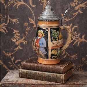 Vintage West German Beer Stein Pewter Lid Tavern Scene Relief Breweriana